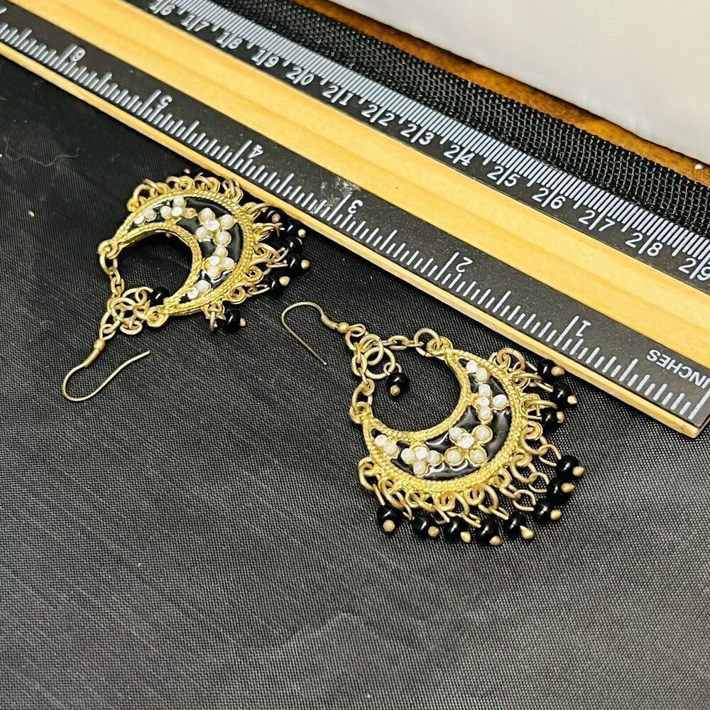 Vintage Beaded Dangle Earrings Ethnic Tribe Chain Gypsy Black Antiqued Gold 1303 - Picture 5 of 6